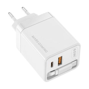 Cargador de pared mars gaming md - gan65rw 65w 1x usb tipo c 1 x usb tipo a cable retractil usb tipo c blanco